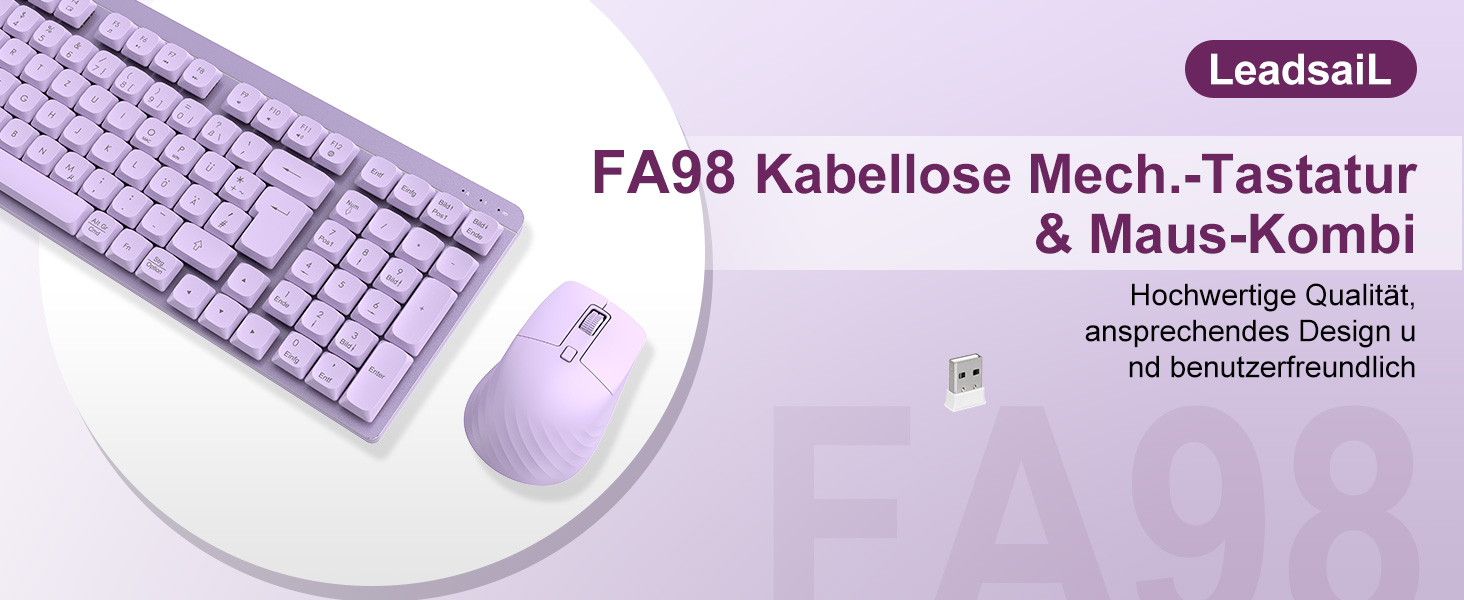 Leadsail FA98 Бездротова Механічна Клавіатура та Миша, QWERTZ, 98 Клавіш, 1600 DPI, для Windows/MacOS/PC/Laptop (Лідська)