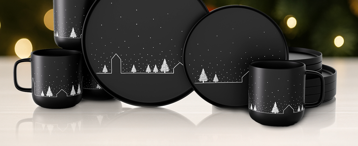 Набір з 4 чашок MIAMIO для святкування Різдва, 500 мл, чорний колір / Кавові чашки на Різдво, мінімалістичний зимовий мотив, подарунок на Різдво, безпечні для миття в посудомийній машині та використання в мікрохвильовій печі – Vinter Collection