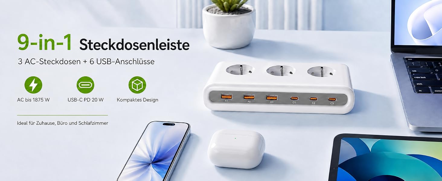 Мережевий фільтр 9-в-1: подовжувач на 3 розетки та USB зарядна станція, білий