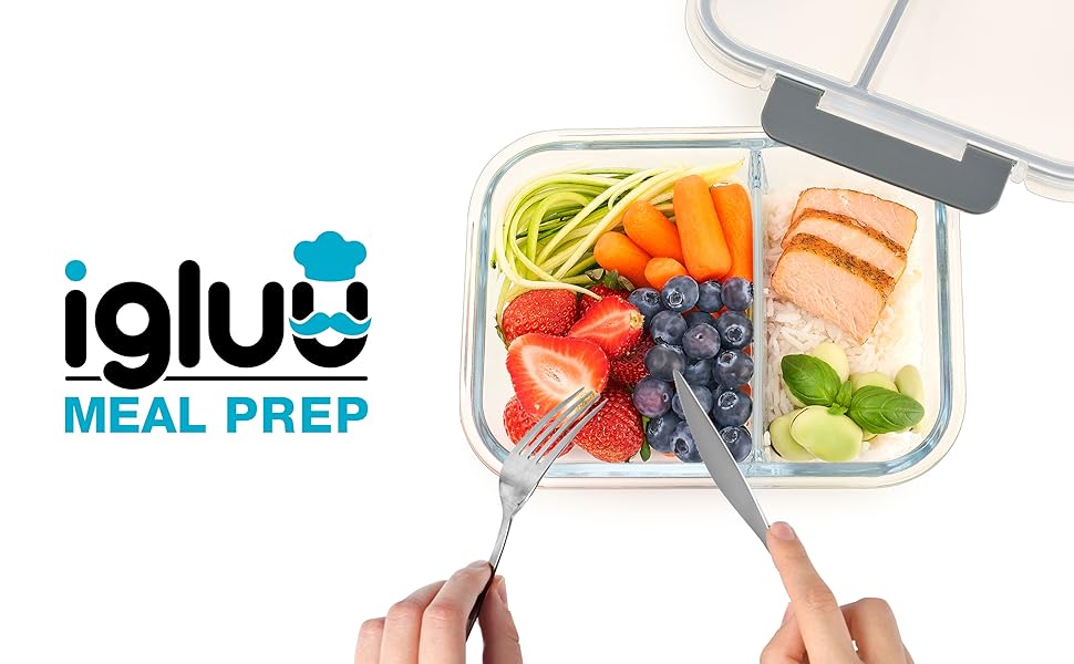 Набір контейнерів для їжі Igluu Meal Prep (3 шт.) – 980 мл, з боросилікатного скла, з 3 відділеннями, BPA-free, для мікрохвильовки, духовки, морозильника, посудомийної машини, витікання неможливе