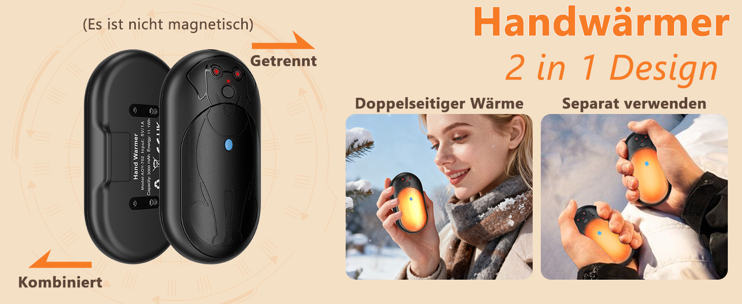 Електричні грілки для рук 6000mAh (2 шт.) - багаторазові, USB-C, 3 режими нагріву, подарунок для жінок, чоловіків, дітей, для катання на лижах, піших прогулянок, чорний