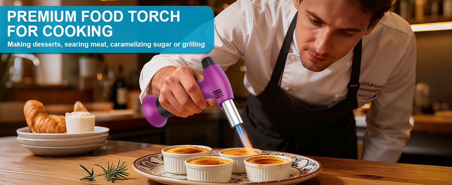 Наповнюваний пальник для крем-брюле, міні-пальник з безпечним затвором та регульованим полум'ям для десертів, BBQ, фіолетово-чорний