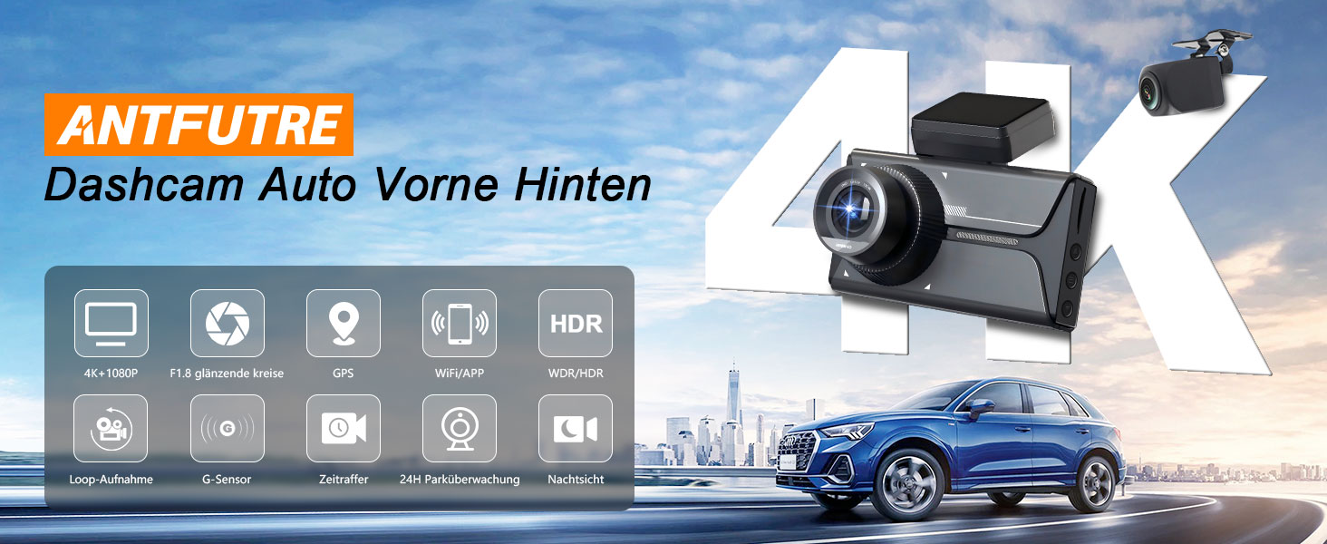 Відеореєстратор Antfutre Dashcam Auto Vorne Hinten 4K+1080P з GPS, WiFi, HDR, G-Sensor, 24/7 Parküberwachung, Loop-Aufnahme MXC-857-64GB
