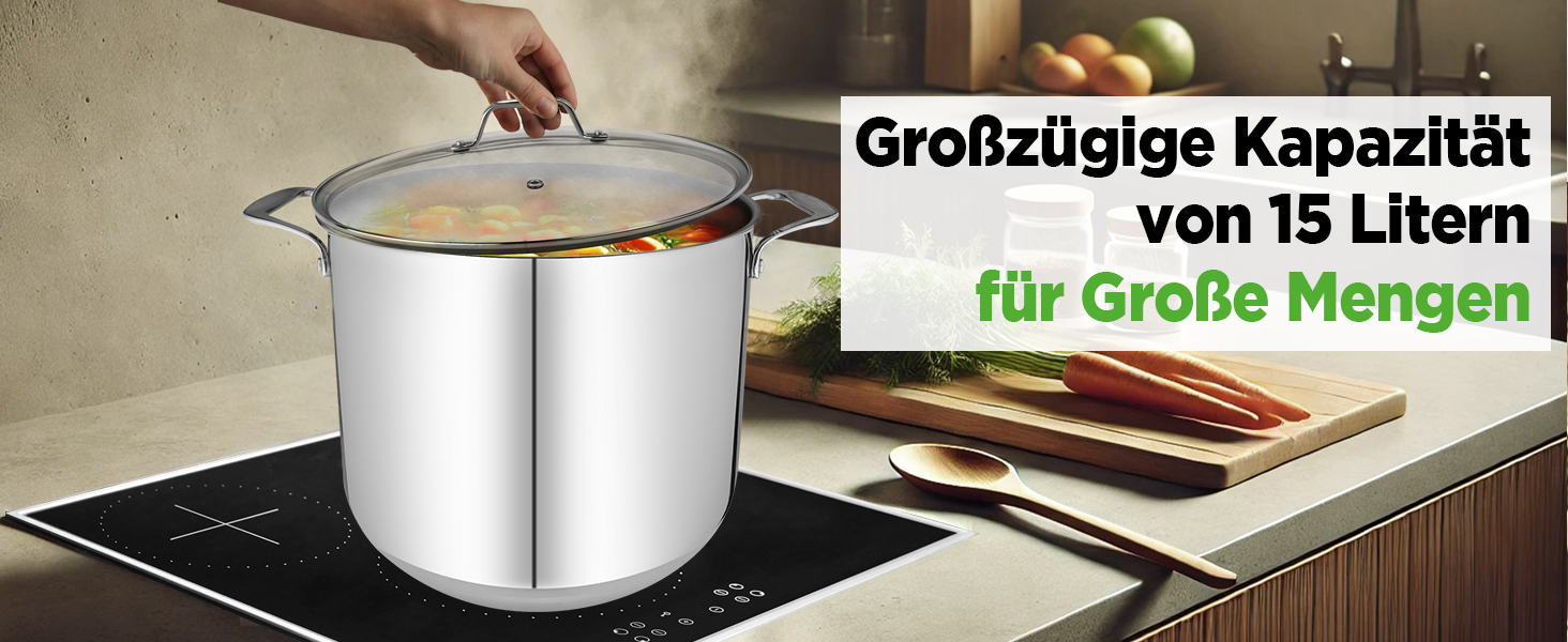 Каструля NutriChef 40 см, 14 л, з кришкою, нержавіюча сталь, для індукції, газу, електро, посудомийної машини, супова, для великих об'ємів