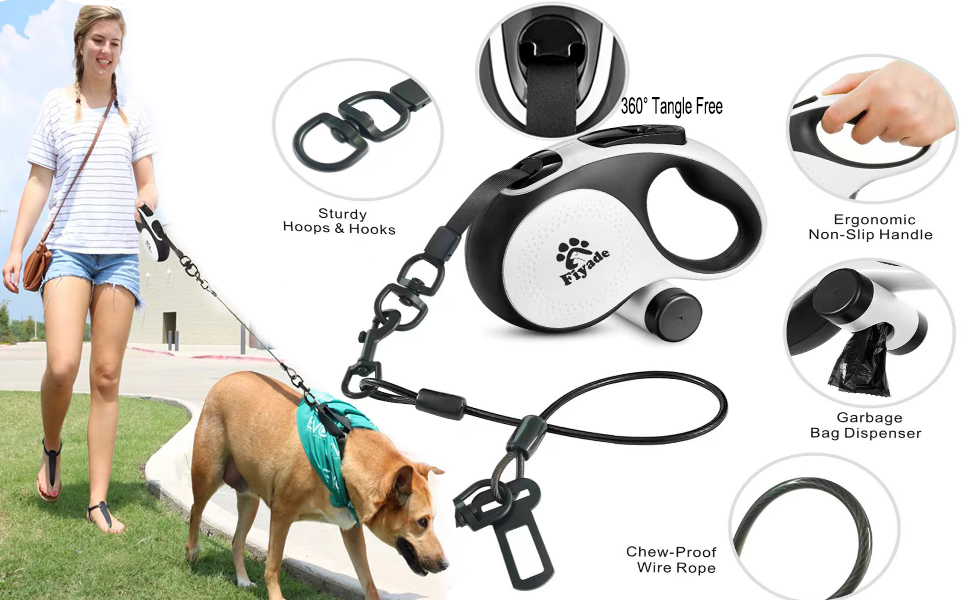 Висувна поводок для собак, 5 м, подвійний поводок для 2 собак, для собак середніх та великих порід до 50 кг, білий та чорний