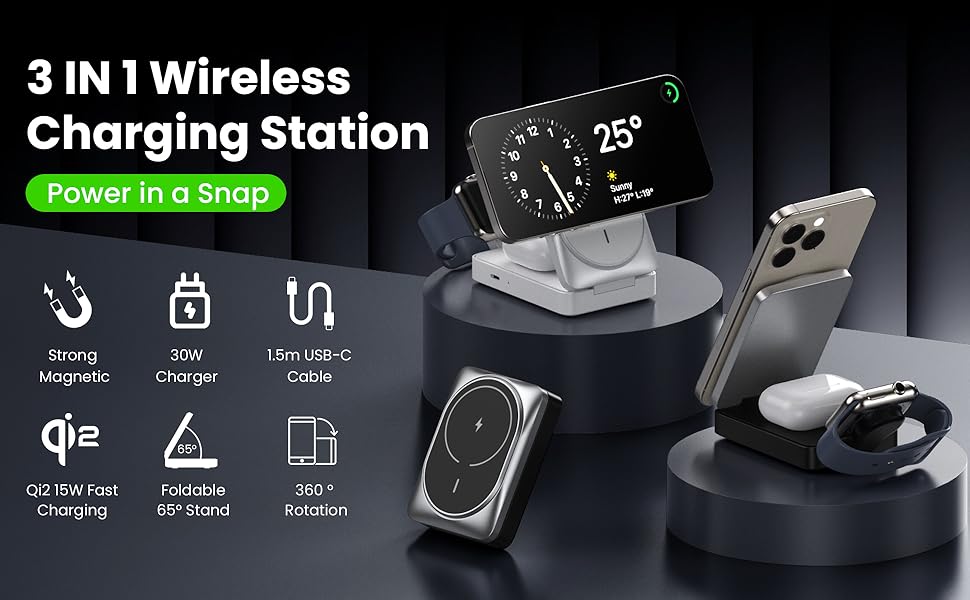 3-в-1 Бездротовий зарядний пристрій: Inductive Qi2, MagSafe, для iPhone 16/15/14/13/12, Apple Watch, AirPods (білий)