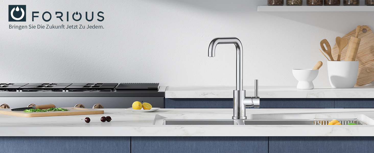 Змішувач кухонний FORIOUS, поворотний 360°, L-подібний, для 1 отвору, полірований хром