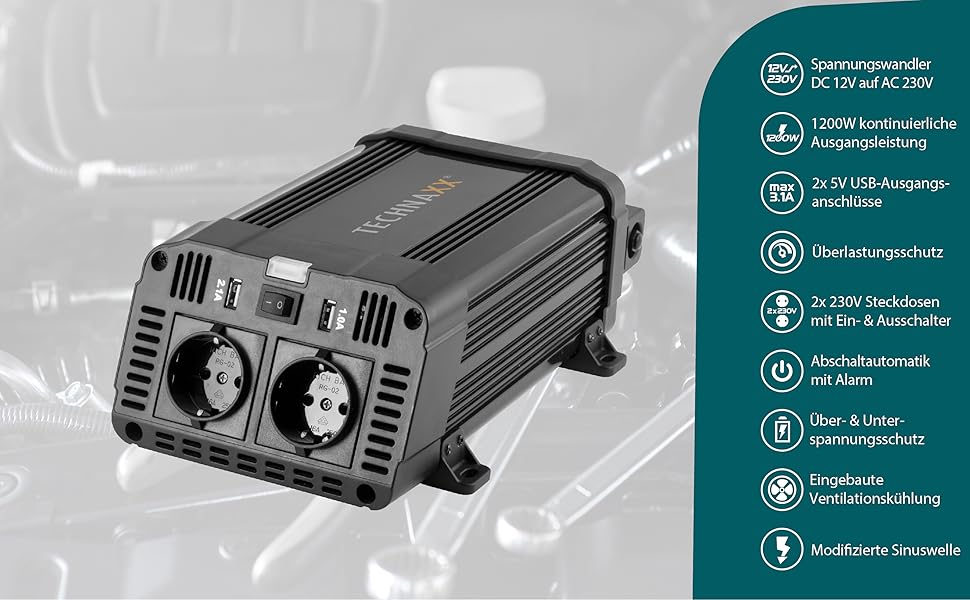 Автомобільний інвертор Technaxx TE16 12В-230В, 1200Вт/2400Вт, 2x Schuko, 2x USB, TÜV Rheinland, перетворювач напруги