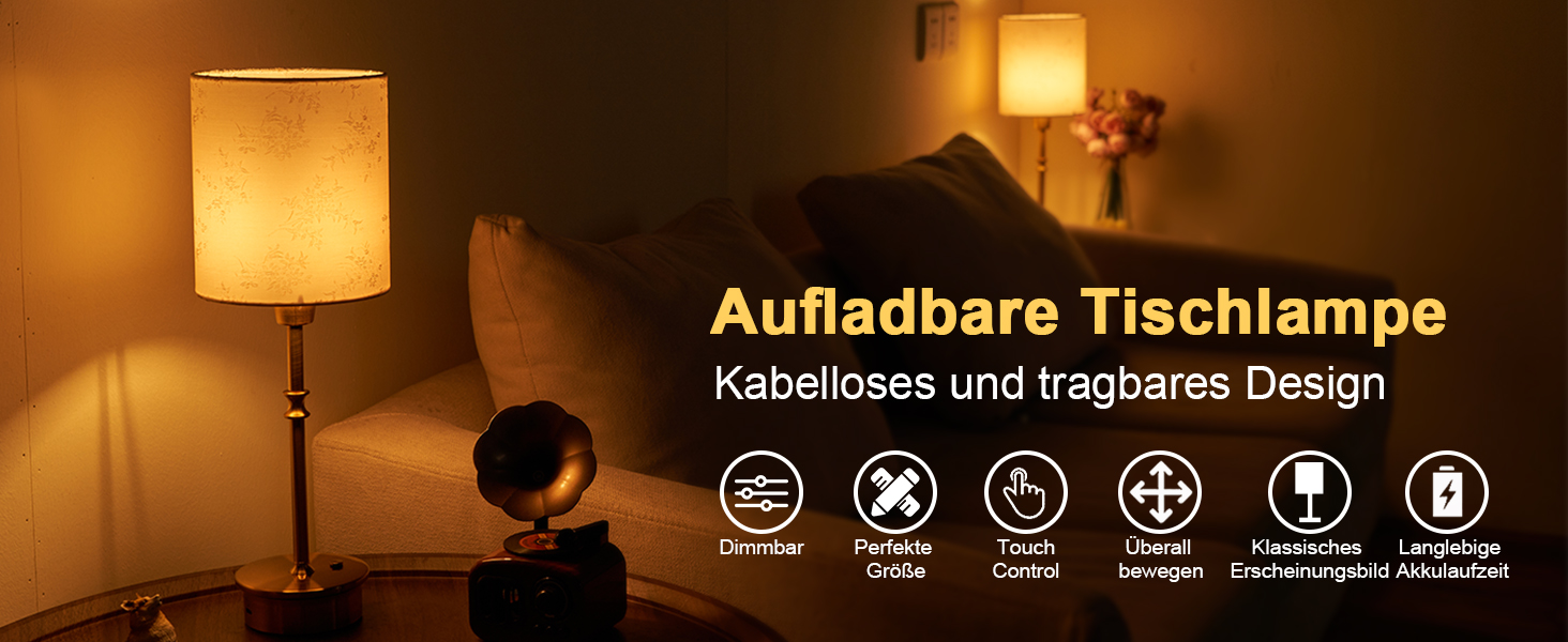 OCEST Настільна лампа на акумуляторі, сенсорне керування, регульована яскравість, для дому, кухні, тераси, їдальні (античне латунь-льон), плафон з шовку 41,5 см