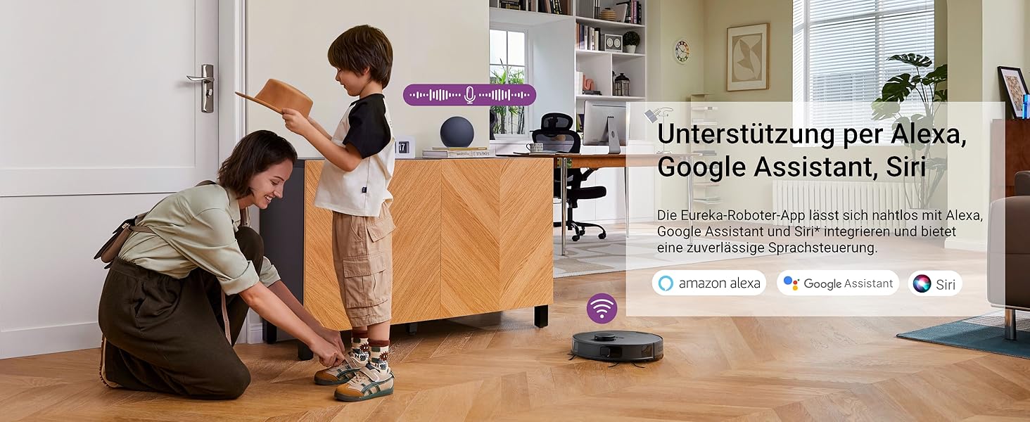 Робот-пилосос EUREKA E20 Plus чорного кольору з функцією миття підлоги, LiDAR-навігація, 4000Pa, автопідняття мопа, керування через додаток та голосовий помічник, ідеально для видалення шерсті тварин