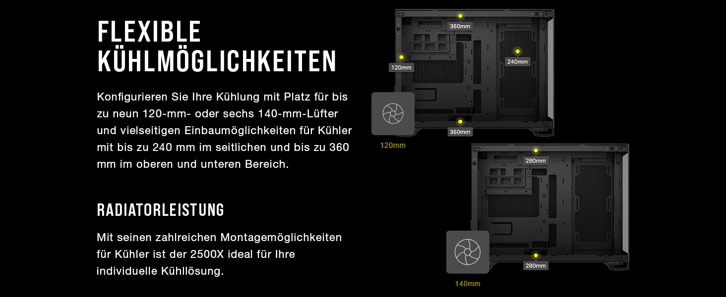 Корпус ПК CORSAIR 2500X mATX з двокамерним дизайном, чорний/горіх, сумісний з платами зворотного підключення, велика гнучкість охолодження, з загартованим склом