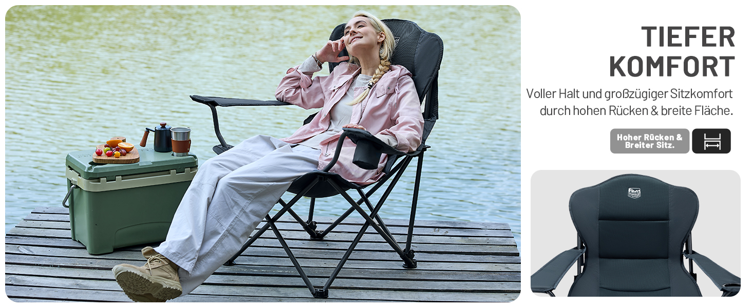 Кемпінговий стілець Timber Ridge складаний, до 180 кг, з регурованою спинкою (3 положення), підлокотниками, тримачем для напоїв та бічною кишенею, ширина сидіння 62 см