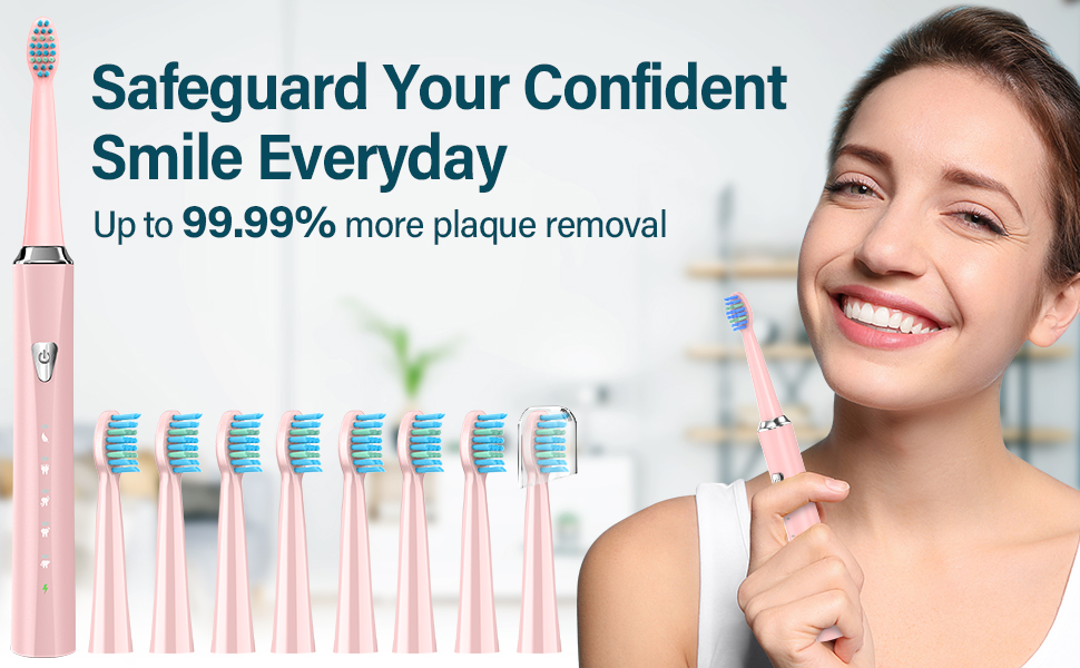 Електрична зубна щітка Coulax для дорослих та дітей з 8 насадками, 5 режимів, таймер 2 хв - Coulax (Колір: Темно-рожевий, 1 шт)