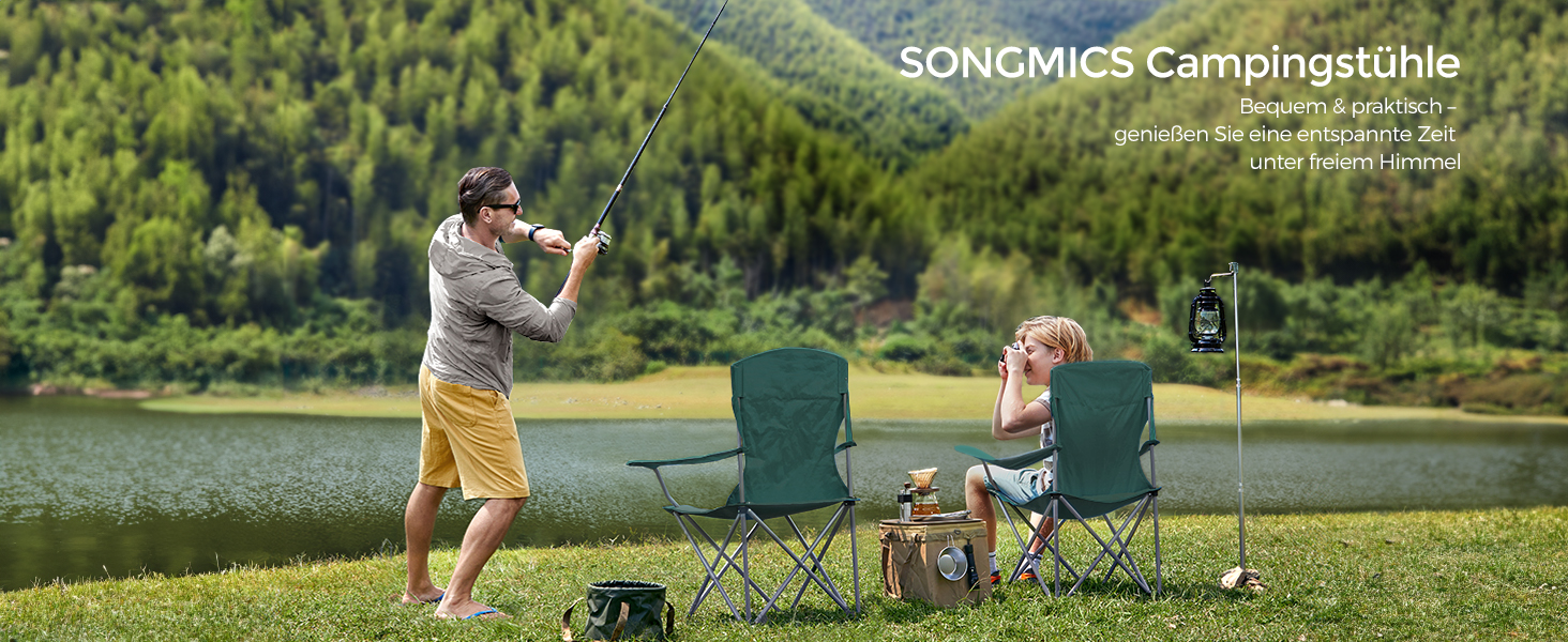 SONGMICS 2-Pack Folding Chair Camping Chair Folding Chair Comfortable Heavy-Duty Construction Max. Load Capacity 150 kg with Cup Holder Outdoor Chair (Dark Green)