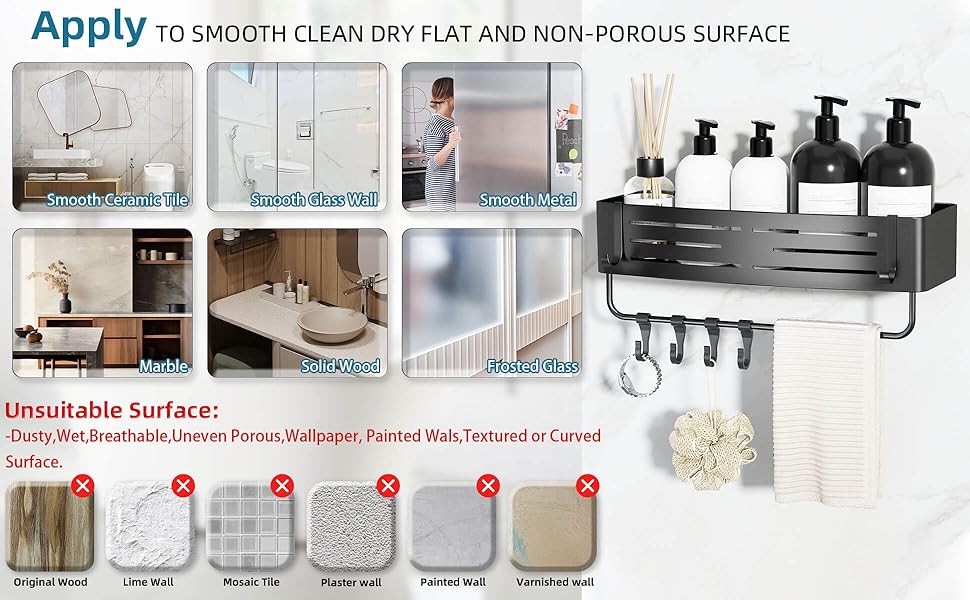 Поличка для душу Onemake з присосками, регульована, з гачками та рушниковою перекладиною, органайзер для ванної кімнати, матовий чорний, 1 шт.