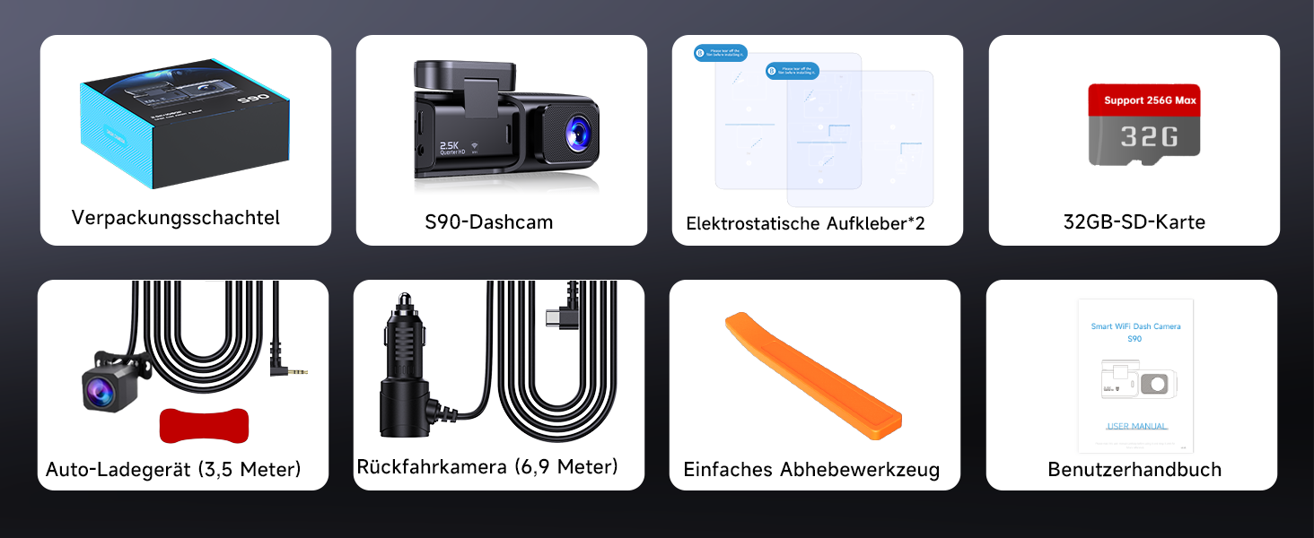 Автомобільний відеореєстратор Dashcam Dual 2.5K + 1080P з WiFi, 32GB SD-картою, ширококутним об'єктивом 170°, нічним баченням та датчиком удару G-сенсором, чорний