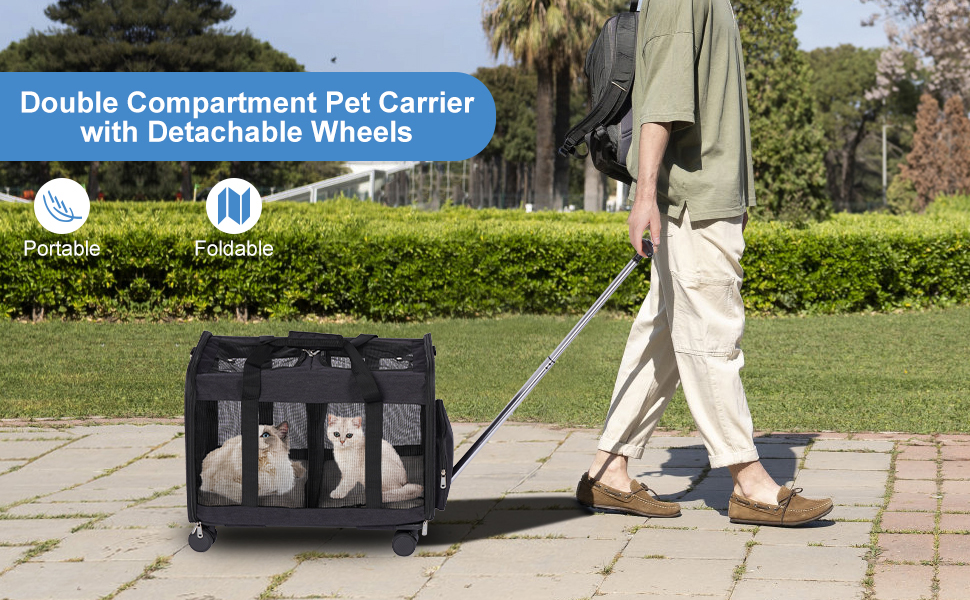 Транспортна переноска для котів та собак з подвійним відділенням, знімною перегородкою та колесами, чорна, L