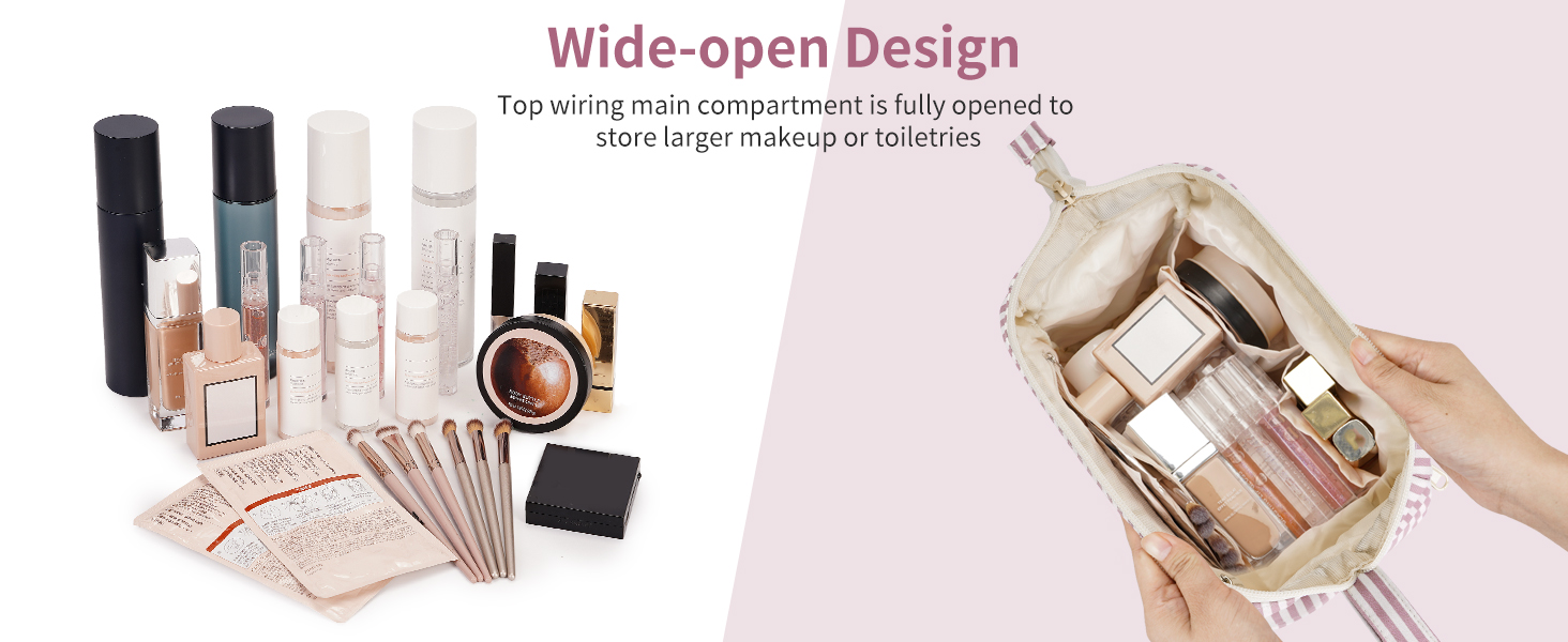 Косметичка жіноча Narwey для подорожей: зручна та містка сумка для косметики та аксесуарів (сіро-блакитний, рожеві смуги)