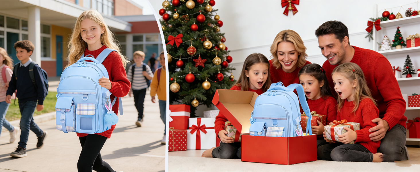 Шкільний рюкзак для дівчаток, водонепроникний та дихаючий, для 1-5 класів з відділом для ноутбука, рюкзак для дівчаток + ізольована ланч-торбинка + пенал, блакитний (світло-блакитний)