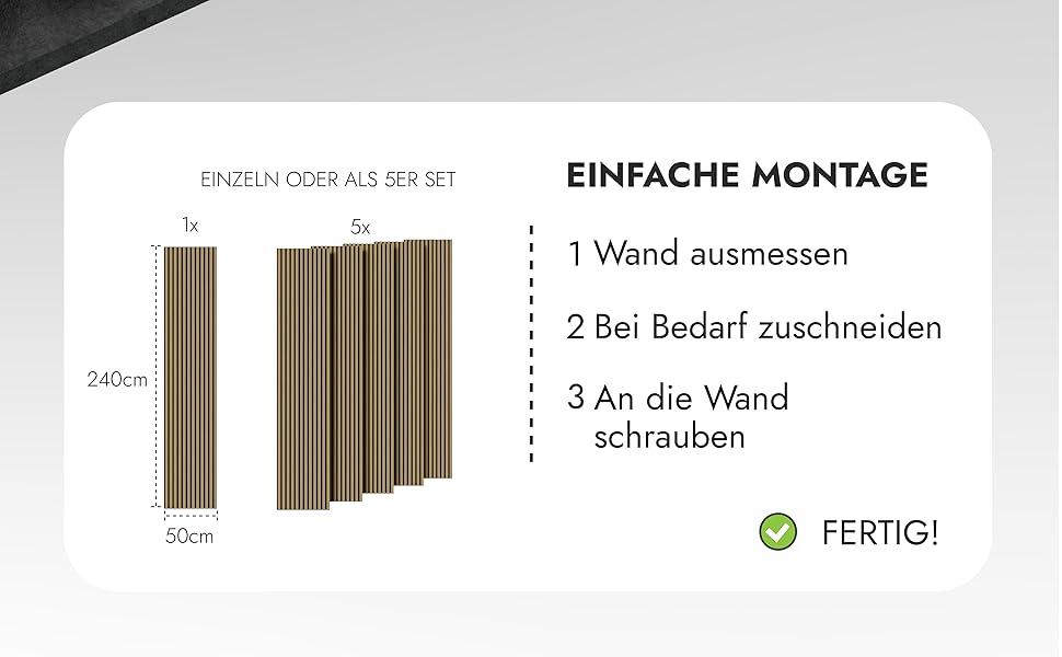 Акустичні настінні панелі Momento з натурального дуба 240x50 см (5 шт), ламелі для шумоізоляції, колір дуб натуральний, чорний фетр, Made in Germany