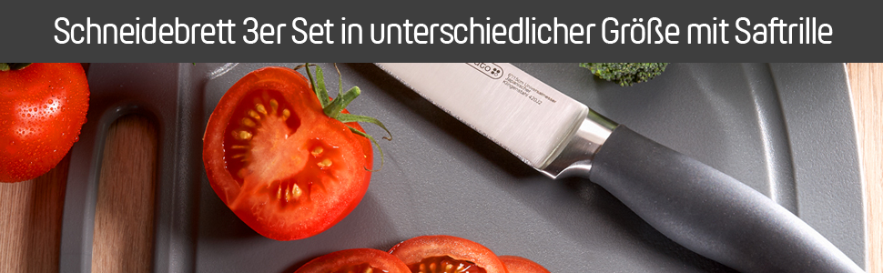 Набір кухонних дощок Coolinato з пластику сірого кольору (3 шт.) S/M/L – антибактеріальні, з жолобом для соку, неслизькі, з ручкою. 3 розміри для гігієнічного розділення. Набори кухонних дощок сірого кольору, розміри S, M та L, придатні для миття в посудомийній машині