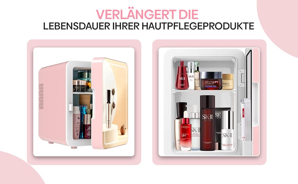 Olvy Skincare Fridge - 4 Liter Mini Fridge with LED Mirror - Portable Beauty Fridge, Cooling & Heating for Room Use (Pink)