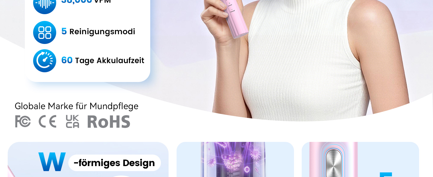 Електрична звукова зубна щітка JTF з УФ-дезінфекцією та сушінням, бездротова зарядка, 5 режимів чищення, 6 насадок, стаканчик, акумуляторна для дому та подорожей (Рожева)