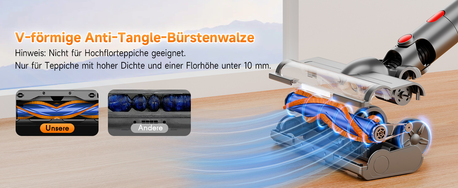 Бездротовий акумуляторний пилосос 45000 Па / 45 хв - 1,6 л з LED-дисплеєм, антизаплутувальною насадкою, тихий (<60 дБ), HEPA-фільтр, для видалення шерсті тварин, килимів, твердих поверхонь, авто, блакитний