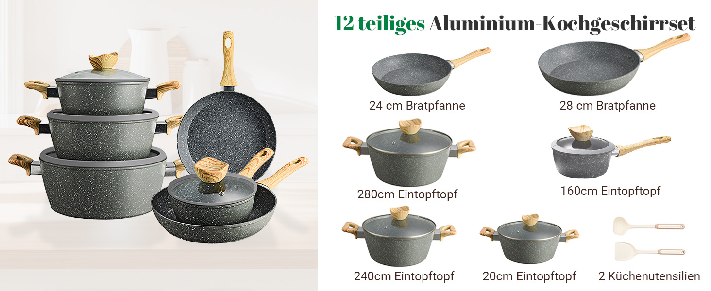 Набір каструль та сковорідок для індукційної плити: 12-ти частинний набір з гранітним антипригарним покриттям, без PFOA та PFOS, ідеальний для початківців та професійних кухарів (чорний)