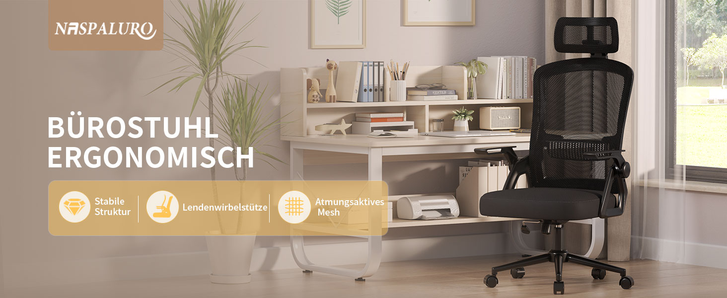 Офісний стіл Naspiro Ergonomic, регульований по висоті, поворотний крісло з дихаючою спинкою з сітки, відкидні підлокітники на 90° та поперекова підтримка, високощільна піна для дому/офісу (Чорний-1, з підголівником)