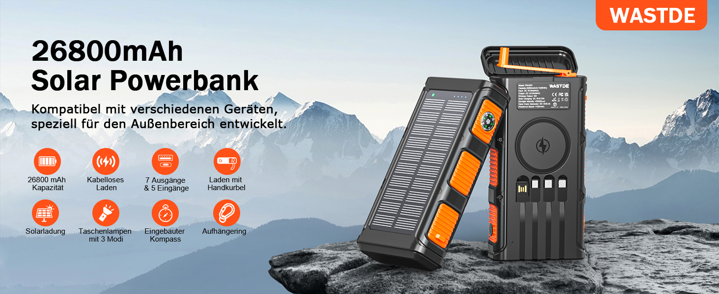 Повербанк сонячний Wireless 26800mAh з ручною зарядкою та 4 кабелями, Power Bank USB-C швидка зарядка, 7 портів, водонепроникний для кемпінгу, помаранчевий