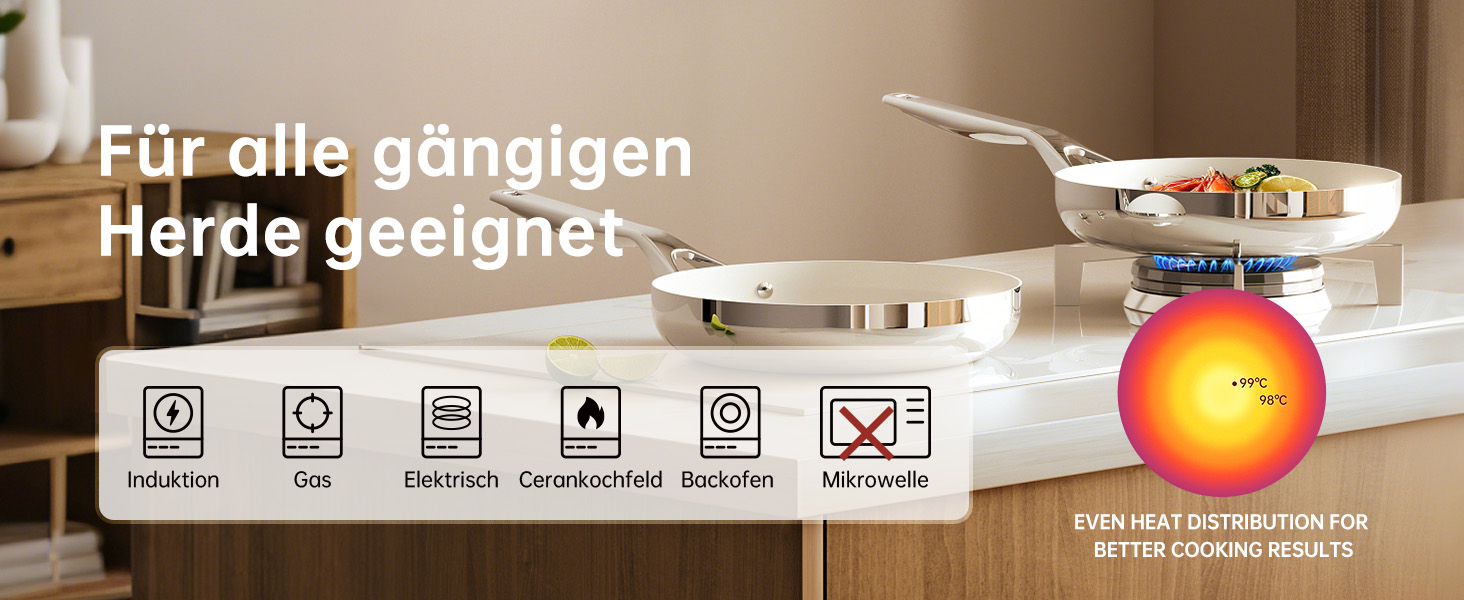 Набір сковорідок з керамічним антипригарним покриттям Tjean (без PTFE, PFOA, PFAS) з нержавіючою ручкою, підходить для індукційних, газових, електричних плит та духовки до 280°C (кремовий, 20+24+28 см)