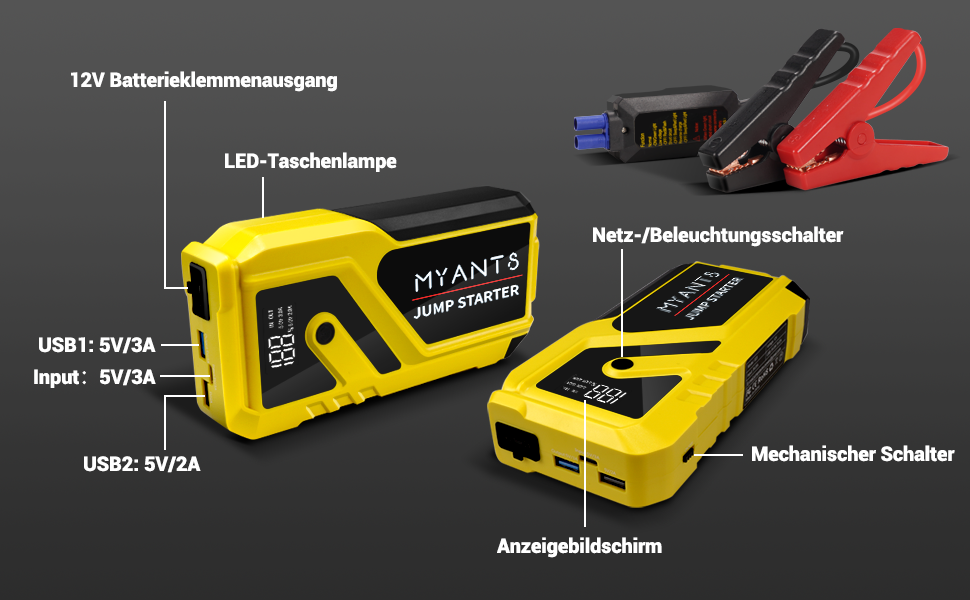 Powerbank з компресором та пусковим пристроєм 12V для автомобіля, LED-ліхтар, швидка зарядка, для двигунів до 10.0L бензину та 8.0L дизеля (Жовтий)