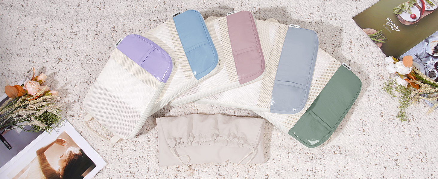 Набір органайзерів для валізи Narwey (6 шт.) - кубики для пакування з компресією, бежевий. Організація подорожей та зручне пакування речей.