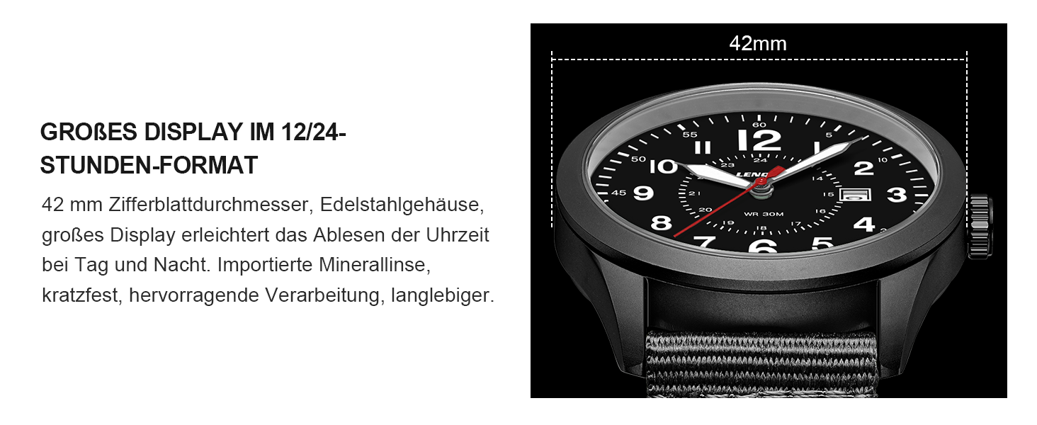 Годинник чоловічий LN LENQIN Military 30M водостійкий, кварцовий годинник з датою, тактичний годинник з нейлоновим ремінцем, чорний