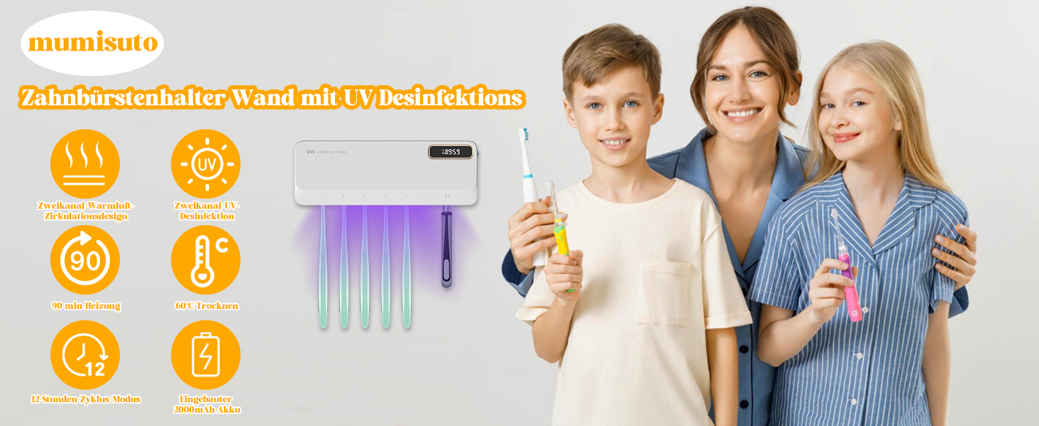 Утримувач для зубних щіток настінний з УФ дезінфекцією, електричний для зубних щіток, USB зарядний, 2000mAh, 3 режими, для дому, ванної кімнати, душу (білий)