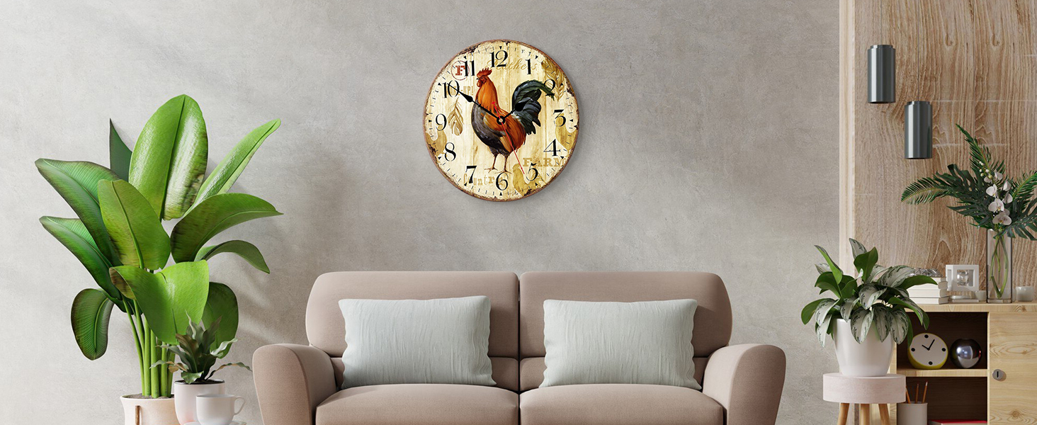 Стіна годинник VIKMARI Rustic Rooster 14 дюймів — безшумний кварцовий, на батарейці, для кухні, круглий, преміум-якість