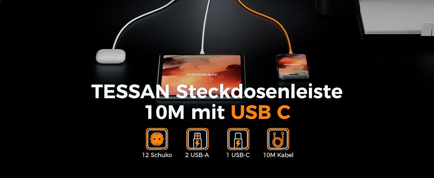 Блок живлення TESSAN з захистом від перенапруги, 3600W, 16A, 12 розеток, 2 USB-A, 1 USB-C, 2м кабель, сірий