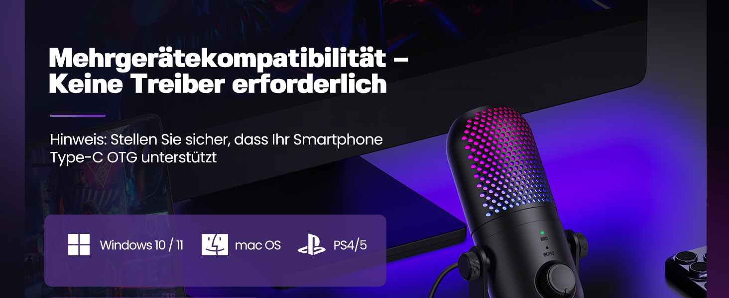 USB Мікрофон для ПК, Gaming RGB Zubehör PS4/PS5: Студійний мікрофон з регулюванням гучності, ехо та кнопкою вимкнення звуку для YouTube, Streaming, Подкастів, Windows/Mac