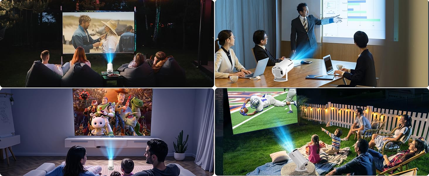 4K проєктор Beamer Full HD 1080P Mini з Wi-Fi 6 та Bluetooth 5.2, Android, портативний, 270° обертання, автоматична корекція трапеції, для PC/HDMI/USB, з мишкою та пультом, білий