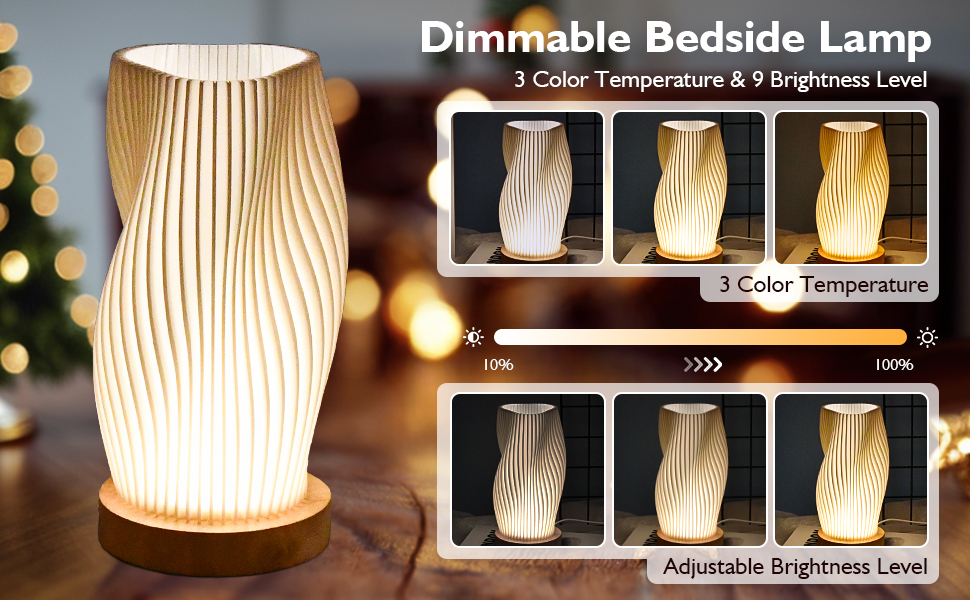 Нічна лампа Focenat з дерев'яним цоколем, 9-рівнів регулювання яскравості, мінімалістична лампа з абажуром з PLA, невелика лампа з кабелем, для спальні, вітальні