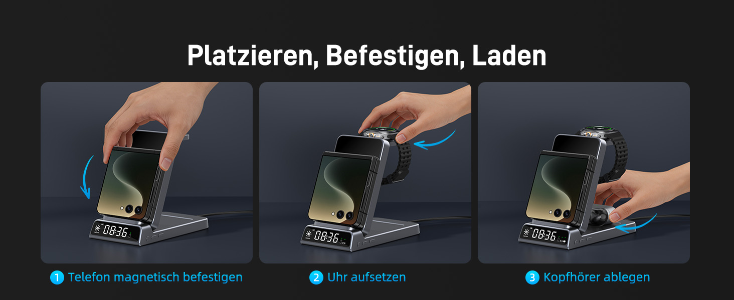 Бездротовий зарядний пристрій 3-в-1 для Samsung Galaxy S26/S25/Z Fold 7/Flip 7/Buds 3/2, Watch 8/7/6/5 Pro - сірий