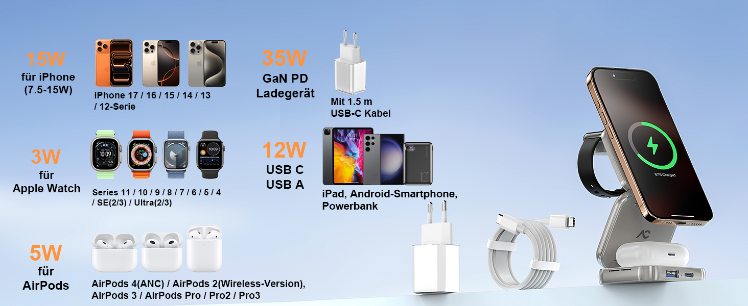 Зарядна станція 5 в 1 для iPhone з магнітним кабелем, складний зарядний пристрій для подорожей, сумісний з iPhone 17/16/15/14/13/12, AirPods Pro 3, Apple Watch S11/Ultra (Titan Wüstensand) 2026-Titan Grau