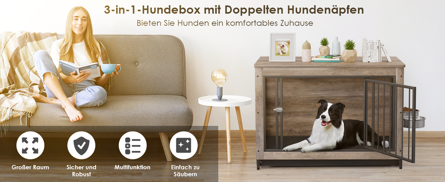 Дерев'яна собача будка/переноска для дому, 93x64x58 см, з піддоном та мисками, для собак середніх та маленьких порід (до 40 кг), білий/сірий колір