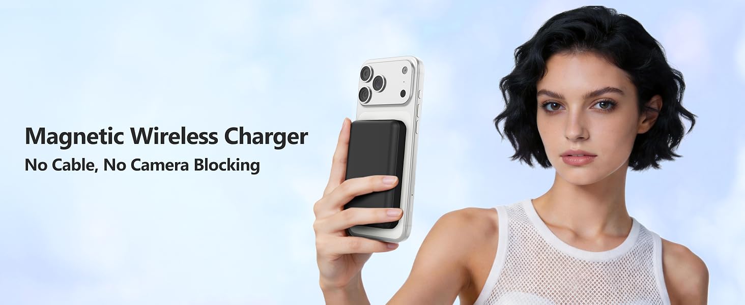 Бездротовий Power Bank AOGUERBE MagSafe 10000mAh, зовнішній акумулятор з магнітним кріпленням, швидка зарядка 22.5W, USB-C, для iPhone 17/16/15/14/13/12 Pro Max (Чорний)