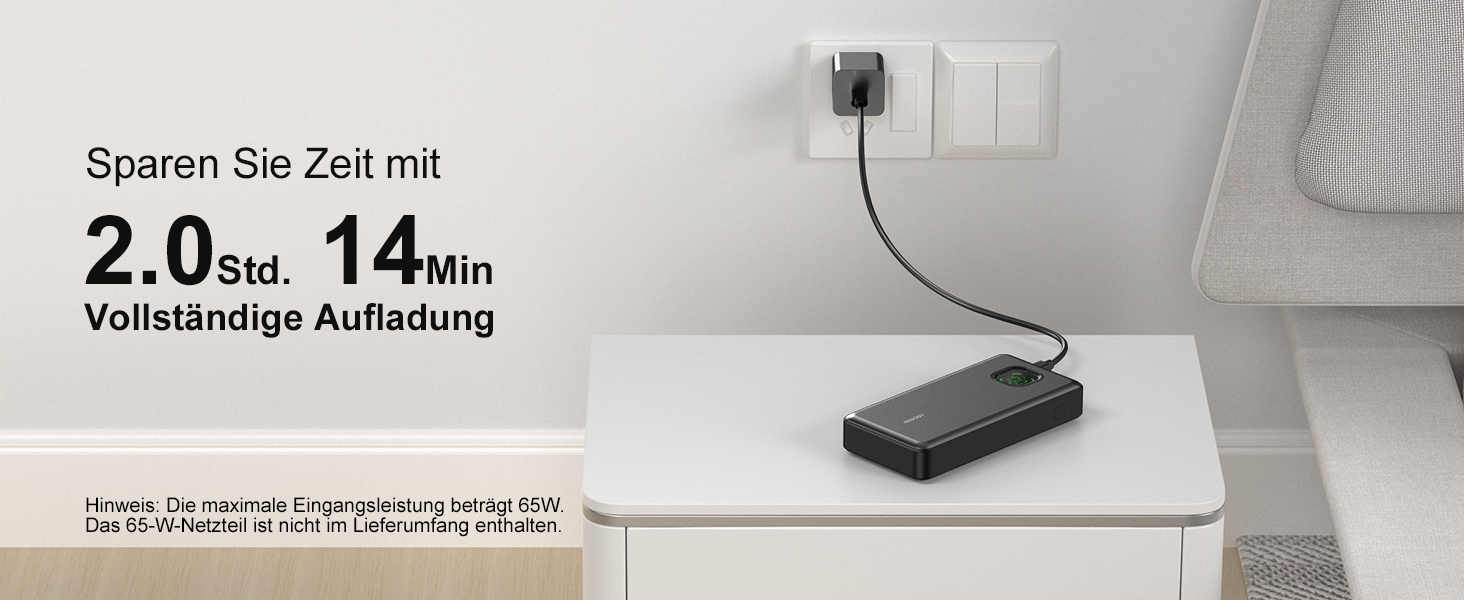 Power Bank 65W 25000mAh Klein Aber Stark для ноутбука та iPhone/iPad: портативний акумулятор з LED дисплеєм, USB-C, сірий