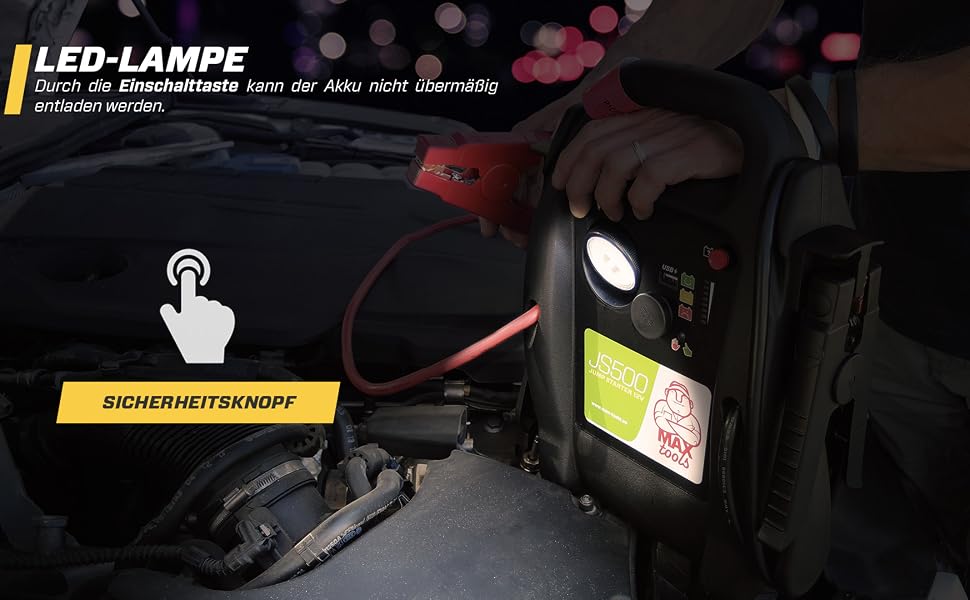 Бустер для авто MAXTOOLS JS500 2200A 22Ah — Пусковий пристрій (Jump Starter) для 12V дизельних та бензинових двигунів, Powerbank з LED-ліхтарем та USB