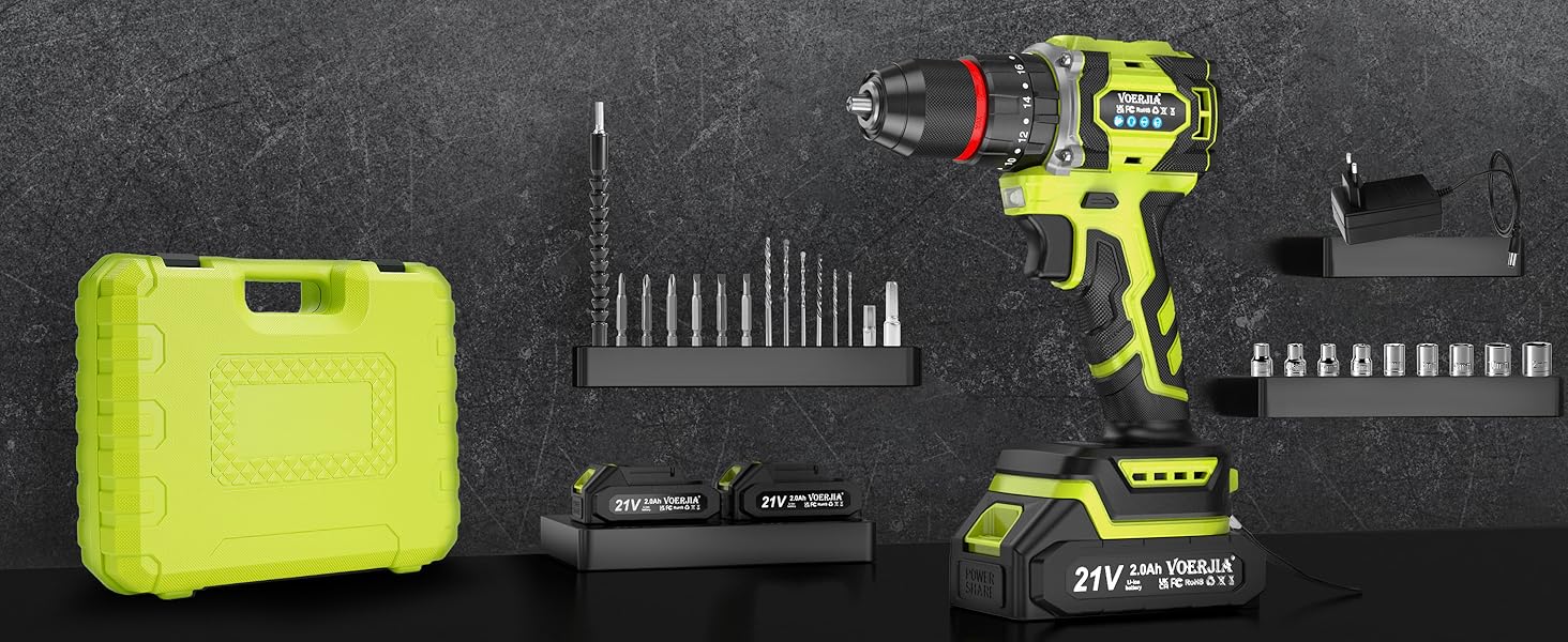 Акумуляторний дриль-шуруповерт 21V з набором аксесуарів (29 шт), безщітковий двигун, 2 акумулятори 2000 mAh, LED-ліхтар, 2 швидкості
