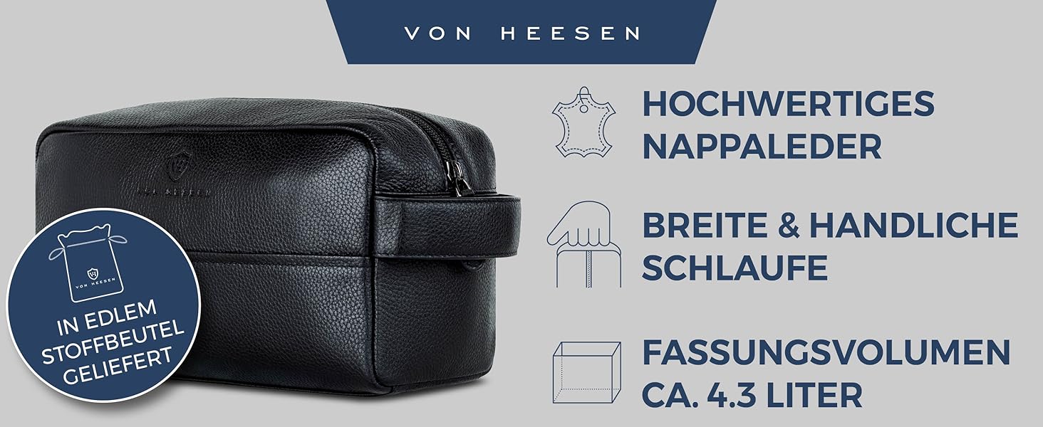 Чоловіча/Жіноча косметичка VON HEESEN з натуральної шкіри - велика дорожня косметичка, валізка для туалетних аксесуарів чорного кольору