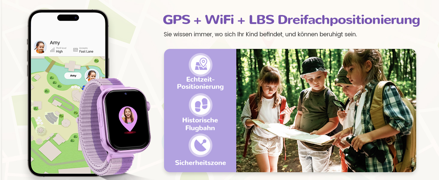 Дитячий розумний годинник зі GPS та телефоном, IP68, відеодзвінки, SOS, режим навчання, чат, SMS, ліхтарик, крокомір, будильник, годинник для дівчаток та хлопчиків, фіолетовий